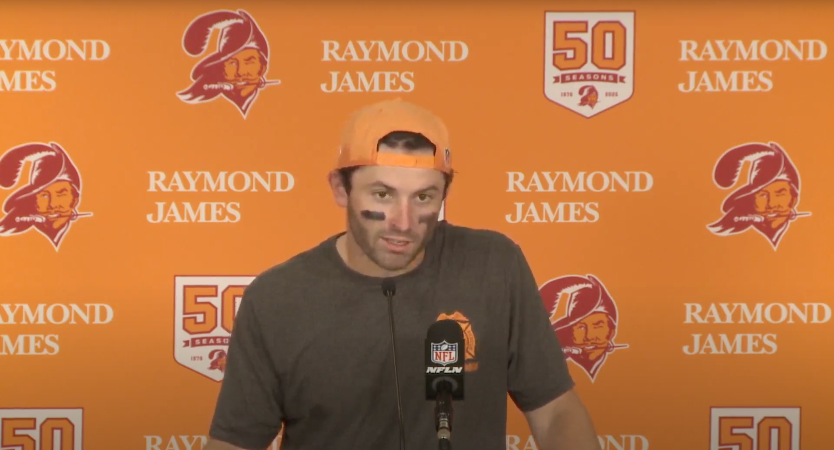 Baker Mayfield speaks to reporters after the Bucs beat the Jets in Week 3.